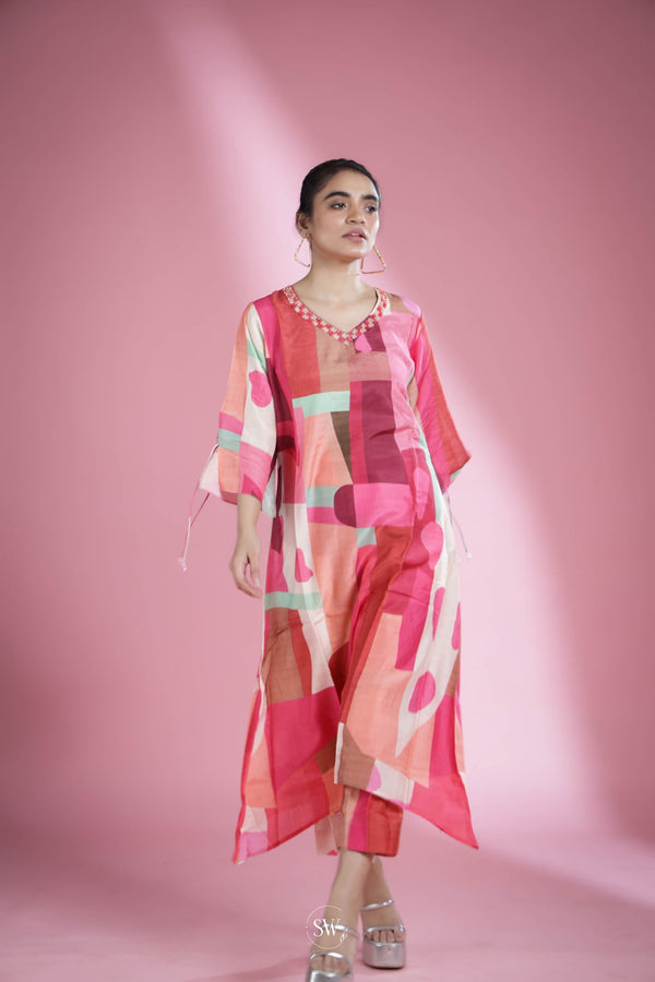 Pink Multicolour Top And Palazzo Set With Geometrical Pattern