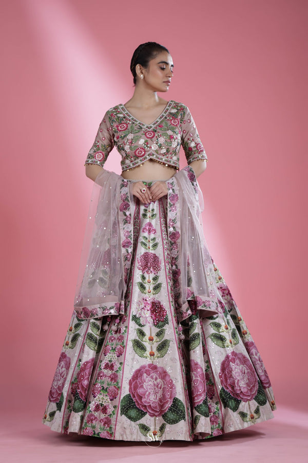 Natural White Floral Lehenga Set With Hand Embroidery