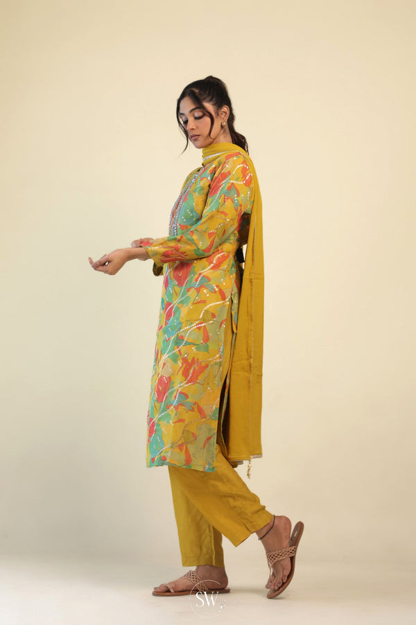 Avocado Green Printed Straight Suit Set With Hand Embroidery