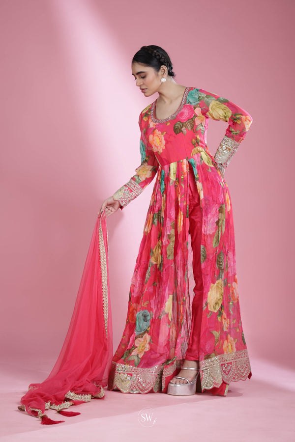 Persian Red Printed Anarkali Dress With Floral Pattern