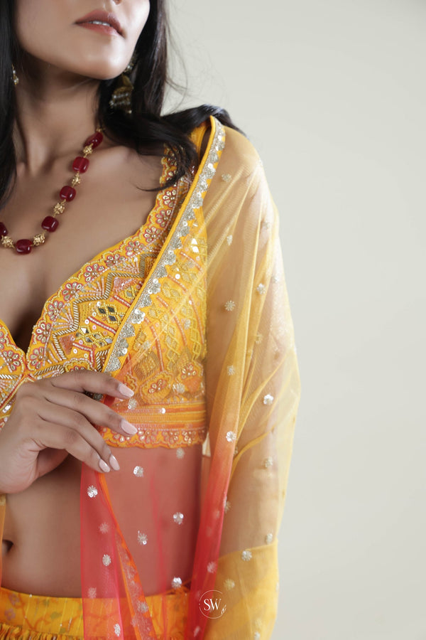 Yellow-Peach Ombre Lehenga Set With Hand Embroidery