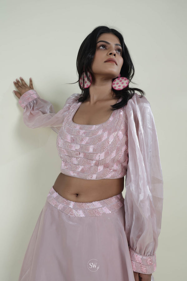 Pale Pink Lehenga Set With Hand Embroidery