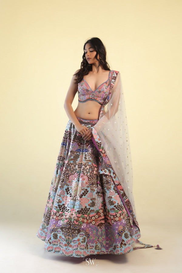 Pastel Pink Multicolour Lehenga Set With Hand Embroidery