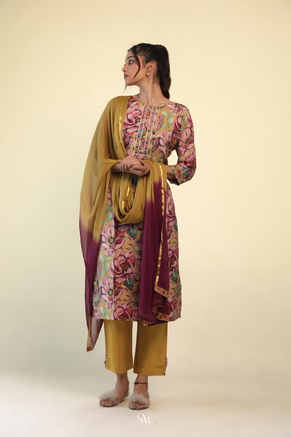 Ochre Yellow Printed Suit Set With Floral Design